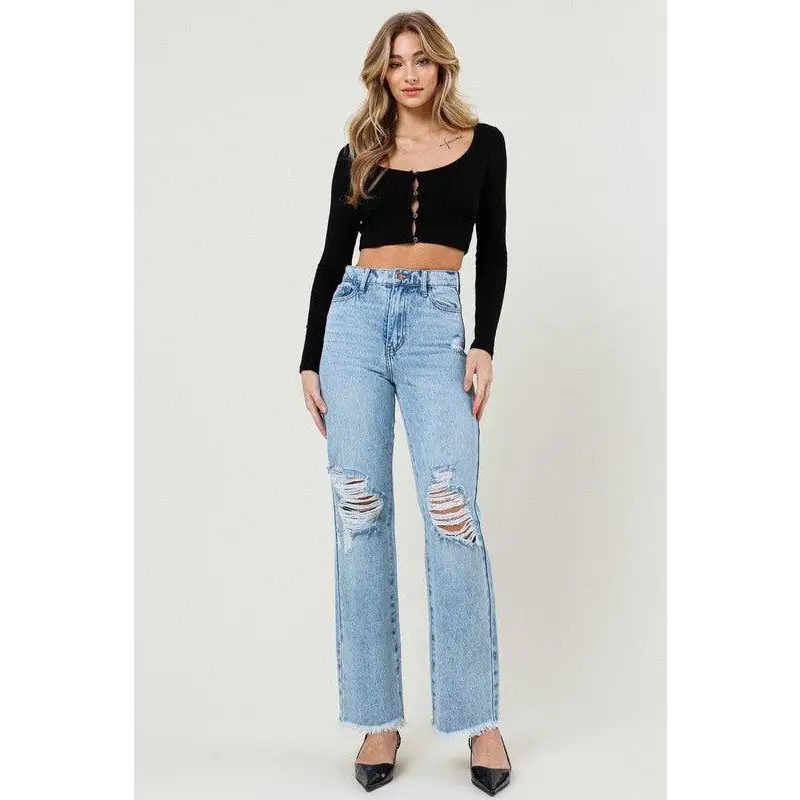 Distressed Wide Leg Light Stone Jeans