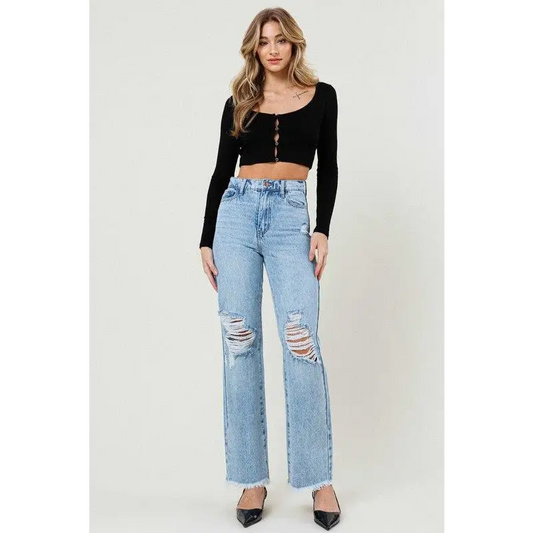 Distressed Wide Leg Light Stone Jeans