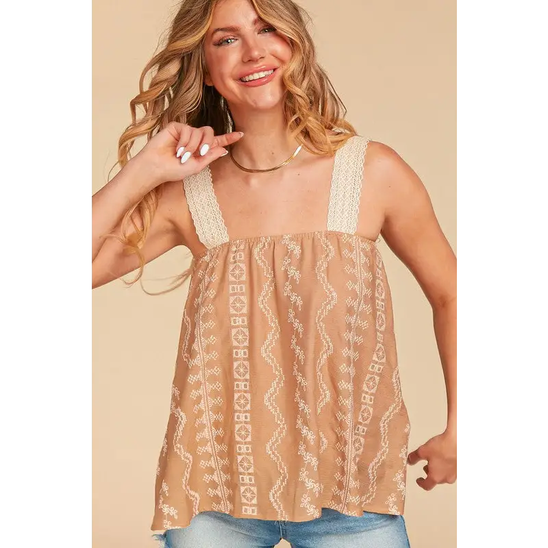 EMBROIDERED CROCHET LACE WOVEN TANK TOP LATTE NATURAL Top