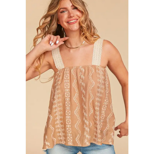 EMBROIDERED CROCHET LACE WOVEN TANK TOP LATTE/NATURAL Top