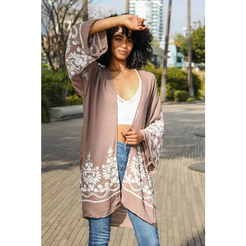 Embroidered Floral Vine Lightweight Kimono Mocha Default Kimono Cardigan