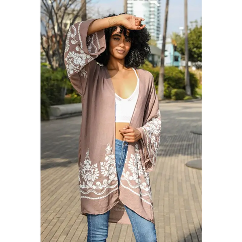 Embroidered Floral Vine Lightweight Kimono Mocha Default Kimono Cardigan