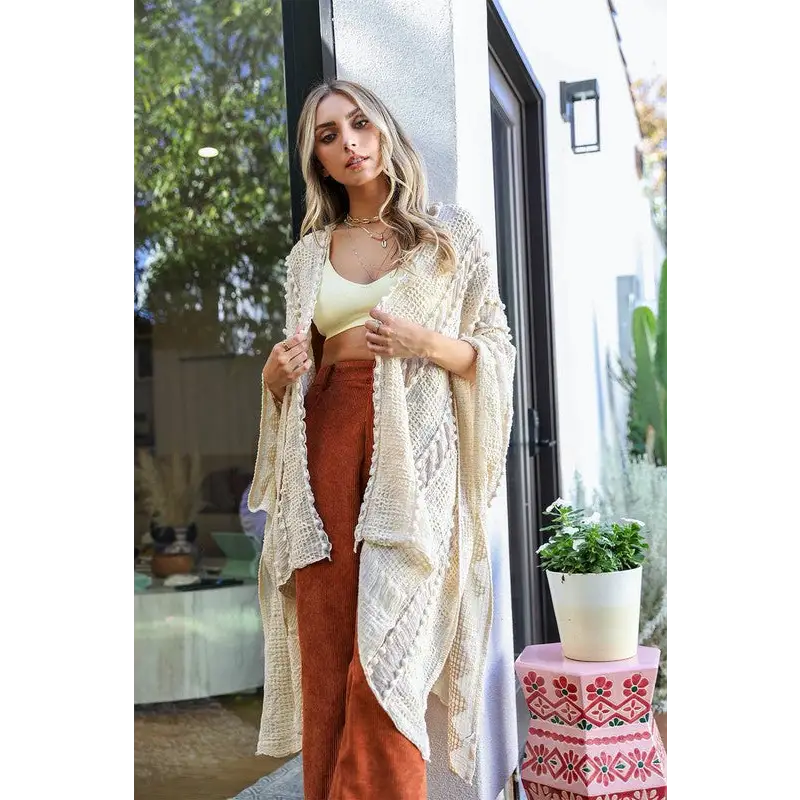 Embroidered Zig Zag Soft Kimono Cream One Size Kimono Cardigan