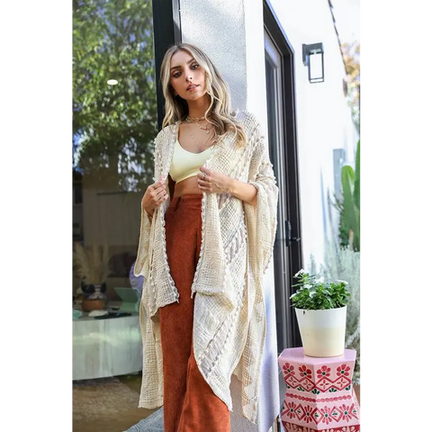 Embroidered Zig Zag Soft Kimono Cream One Size Kimono Cardigan