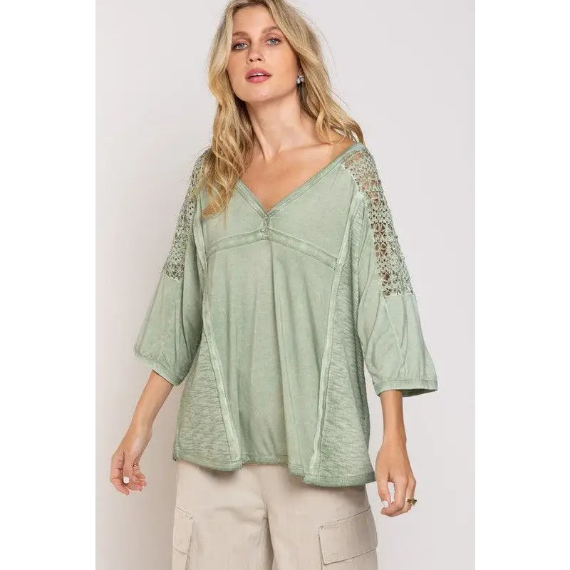 Feminine Boho Crochet Sleeve Top SOFT SAGE Top