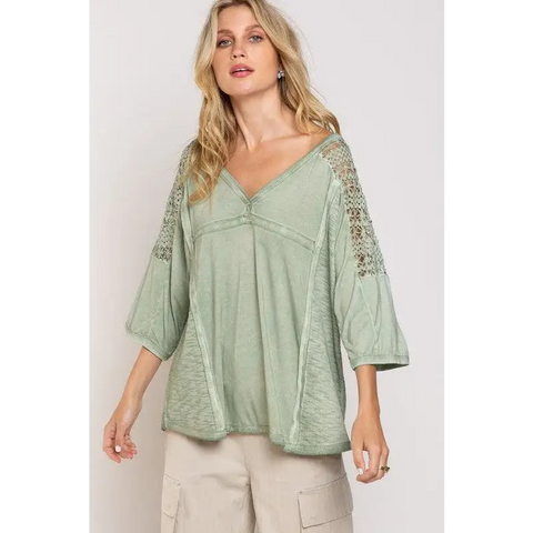 Feminine Boho Crochet Sleeve Top SOFT SAGE Top