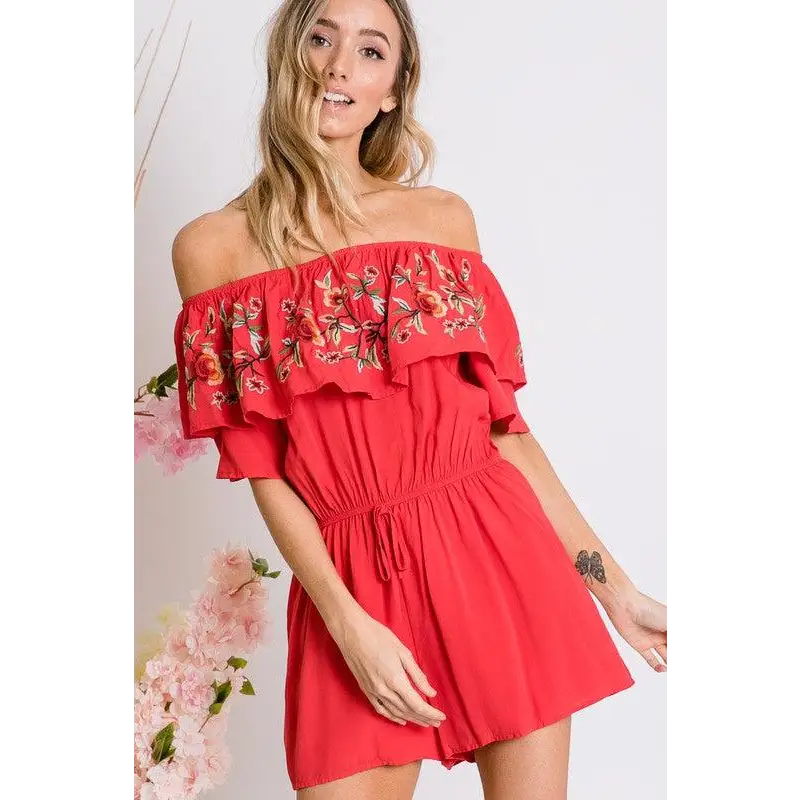 FLORAL EMBROIDERED OFF SHOULDER ROMPER Coral Red Jumpsuits and Rompers