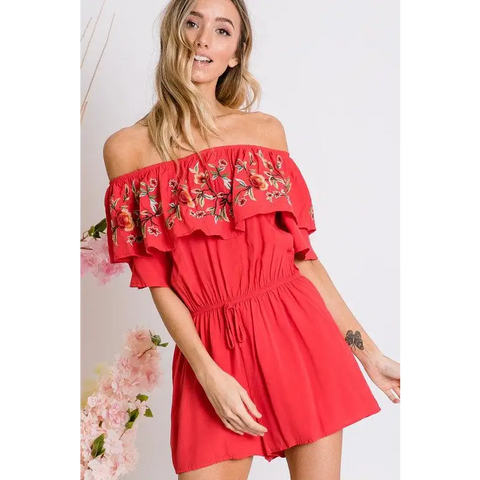 FLORAL EMBROIDERED OFF SHOULDER ROMPER Coral Red Jumpsuits and Rompers