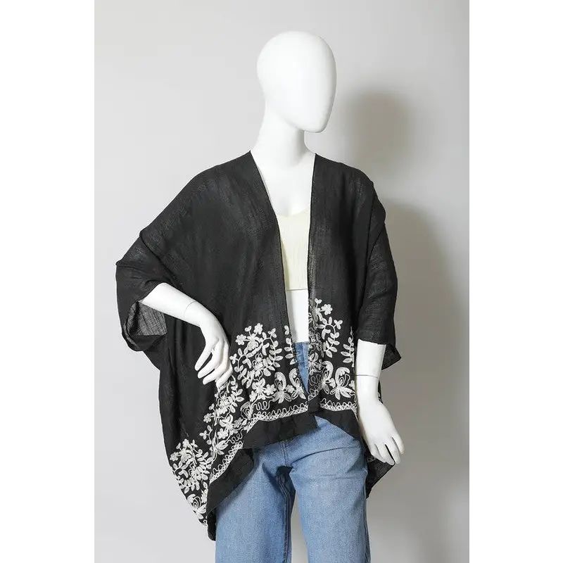 Floral Embroidered Stitch Kimono Black One Size Kimono Cardigan