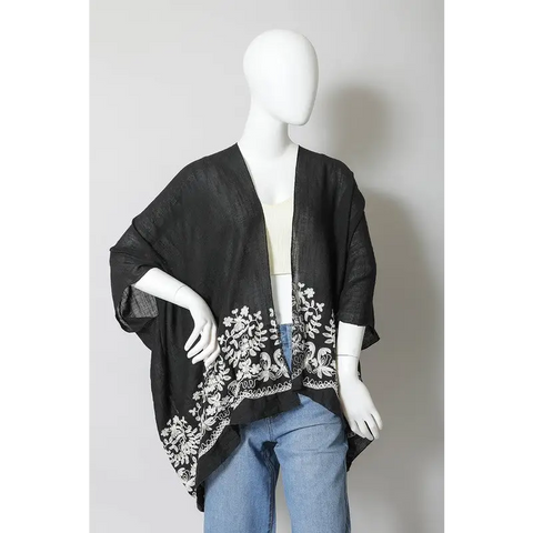 Floral Embroidered Stitch Kimono Black One Size Kimono Cardigan