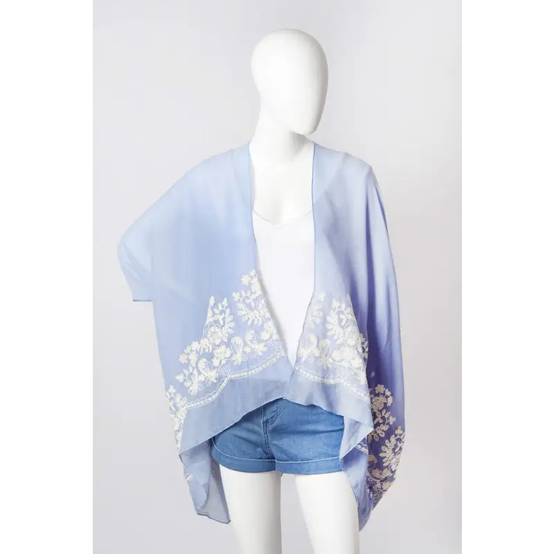 Floral Embroidered Stitch Kimono Blue One Size Kimono Cardigan