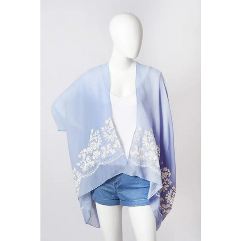 Floral Embroidered Stitch Kimono Blue One Size Kimono Cardigan