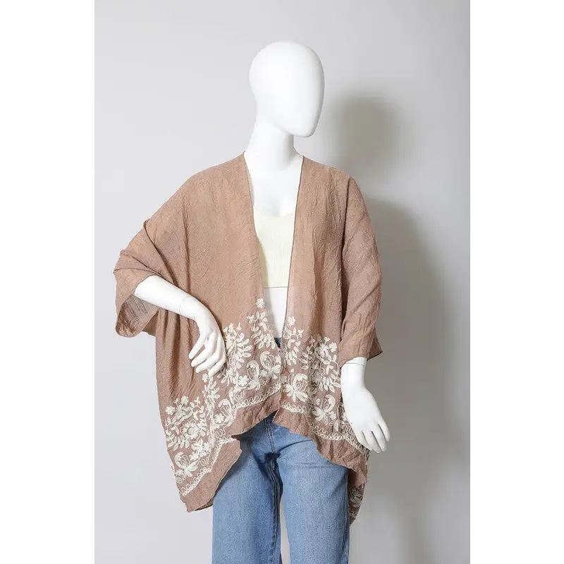 Floral Embroidered Stitch Kimono Mocha One Size Kimono Cardigan