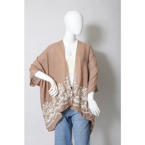 Floral Embroidered Stitch Kimono Mocha One Size Kimono Cardigan