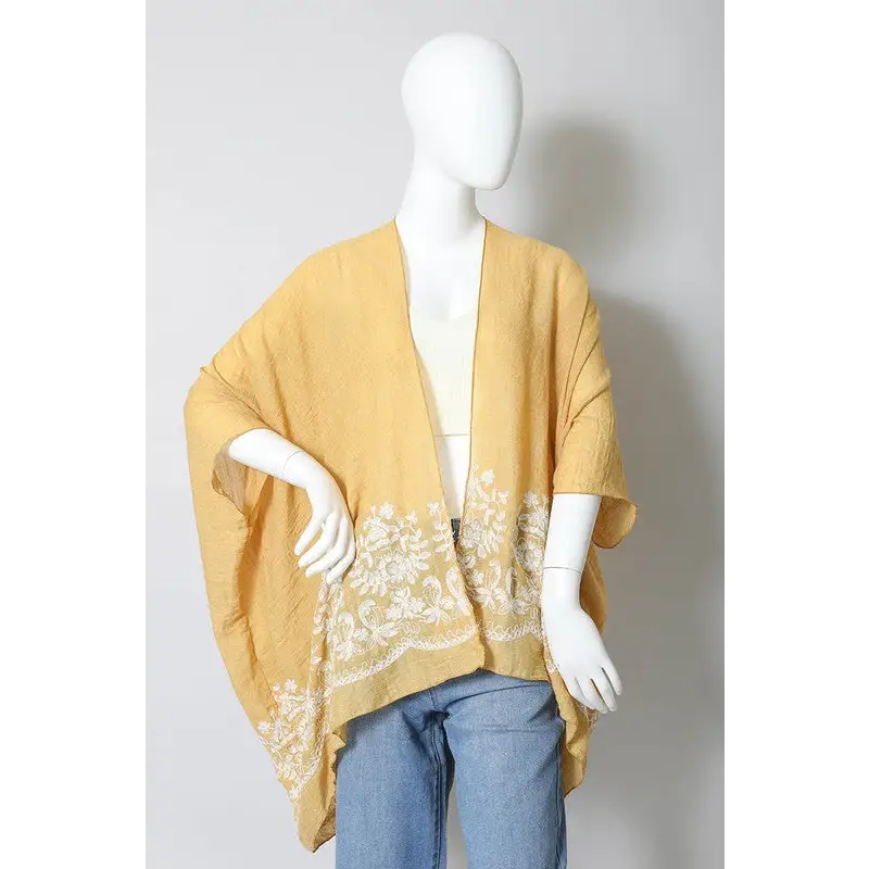 Floral Embroidered Stitch Kimono Mustard One Size Kimono Cardigan