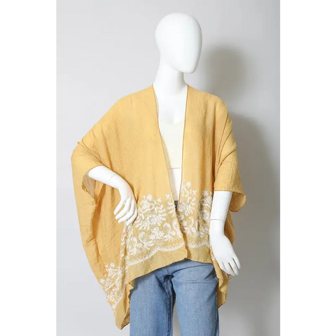 Floral Embroidered Stitch Kimono Mustard One Size Kimono Cardigan