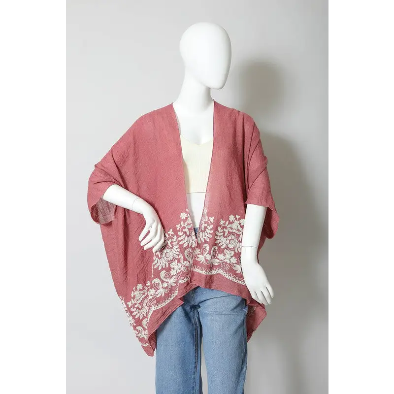 Floral Embroidered Stitch Kimono Rosewood One Size Kimono Cardigan