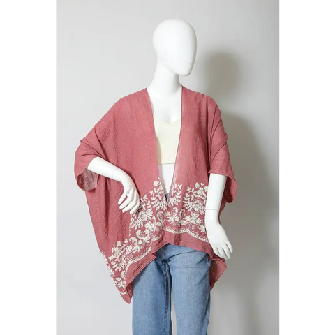 Floral Embroidered Stitch Kimono Rosewood One Size Kimono Cardigan