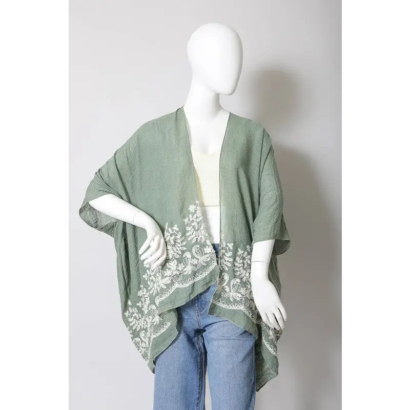 Floral Embroidered Stitch Kimono Sage One Size Kimono Cardigan