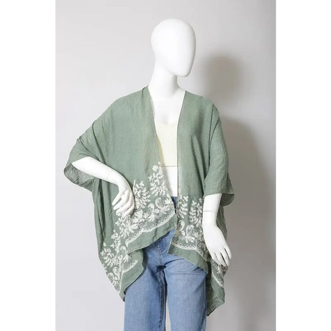 Floral Embroidered Stitch Kimono Sage One Size Kimono Cardigan