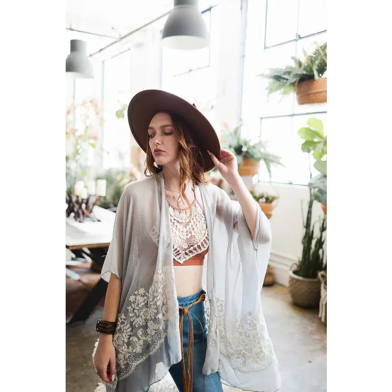 Floral Embroidered Stitch Kimono Smoke One Size Kimono Cardigan