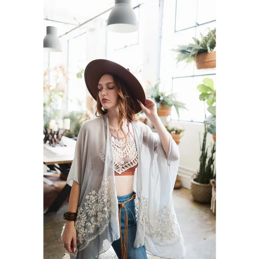 Floral Embroidered Stitch Kimono Smoke One Size Kimono Cardigan