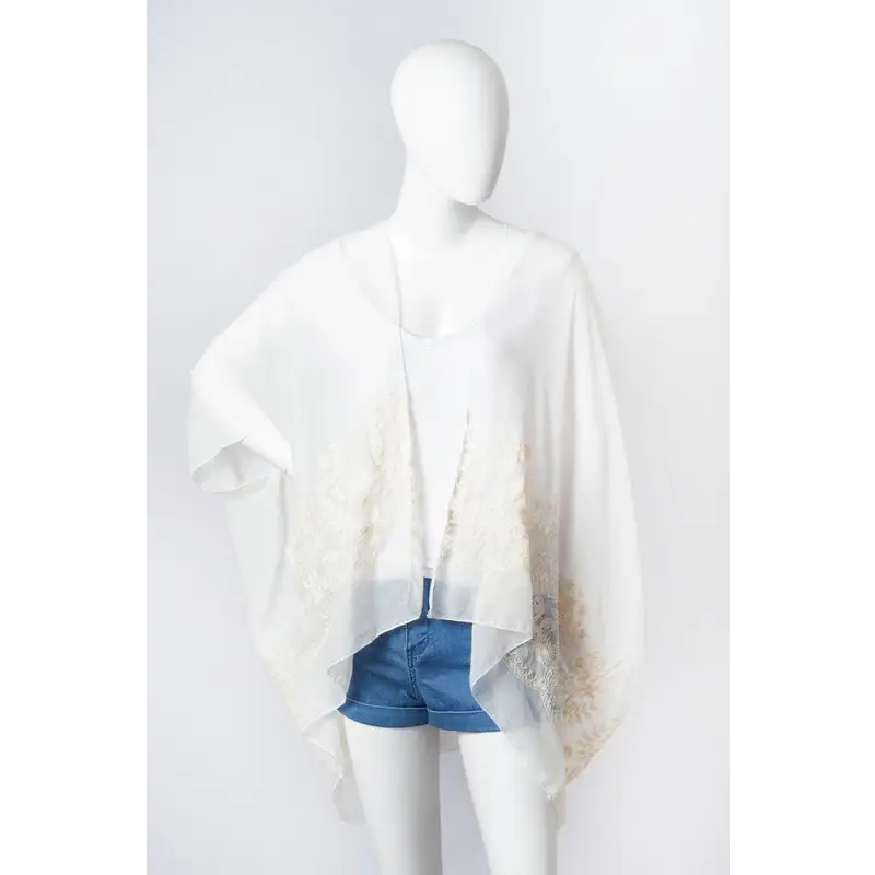 Floral Embroidered Stitch Kimono White One Size Kimono Cardigan