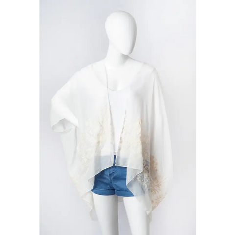 Floral Embroidered Stitch Kimono White One Size Kimono Cardigan