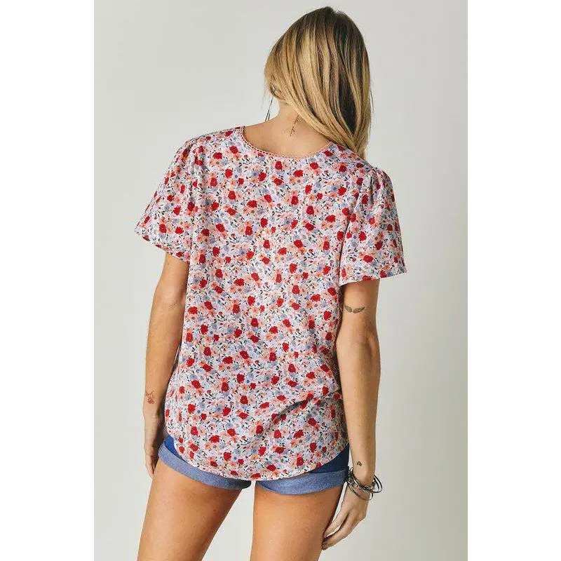 FLORAL PRINTED V NECK SHORT SLEEVE TOP Top