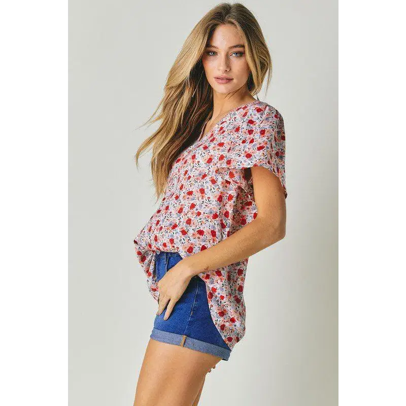 FLORAL PRINTED V NECK SHORT SLEEVE TOP Top