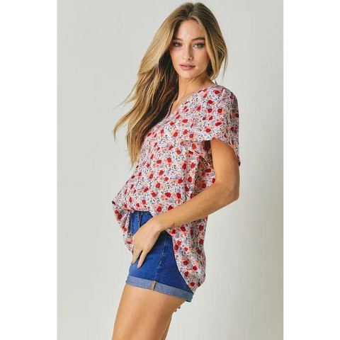 FLORAL PRINTED V NECK SHORT SLEEVE TOP Top