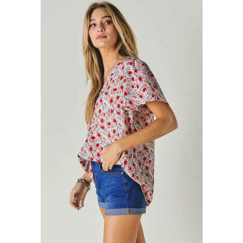 FLORAL PRINTED V NECK SHORT SLEEVE TOP Top