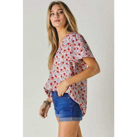 FLORAL PRINTED V NECK SHORT SLEEVE TOP Top