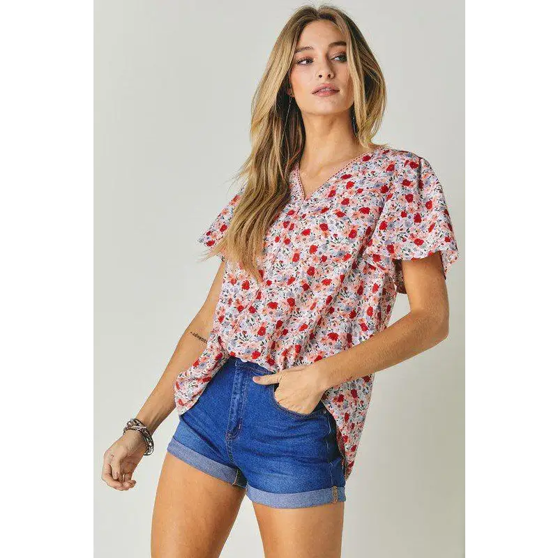 FLORAL PRINTED V NECK SHORT SLEEVE TOP Top