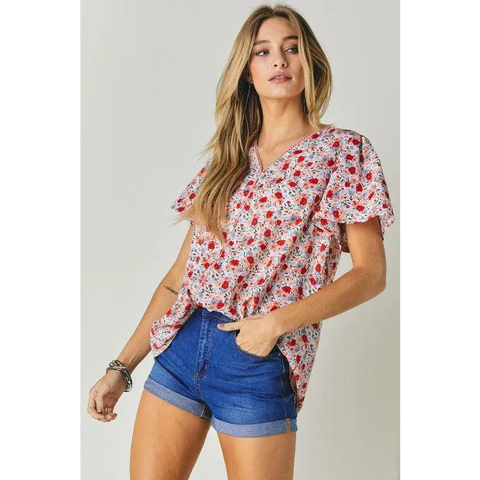 FLORAL PRINTED V NECK SHORT SLEEVE TOP Top