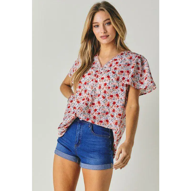 FLORAL PRINTED V NECK SHORT SLEEVE TOP Top