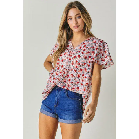 FLORAL PRINTED V NECK SHORT SLEEVE TOP Top