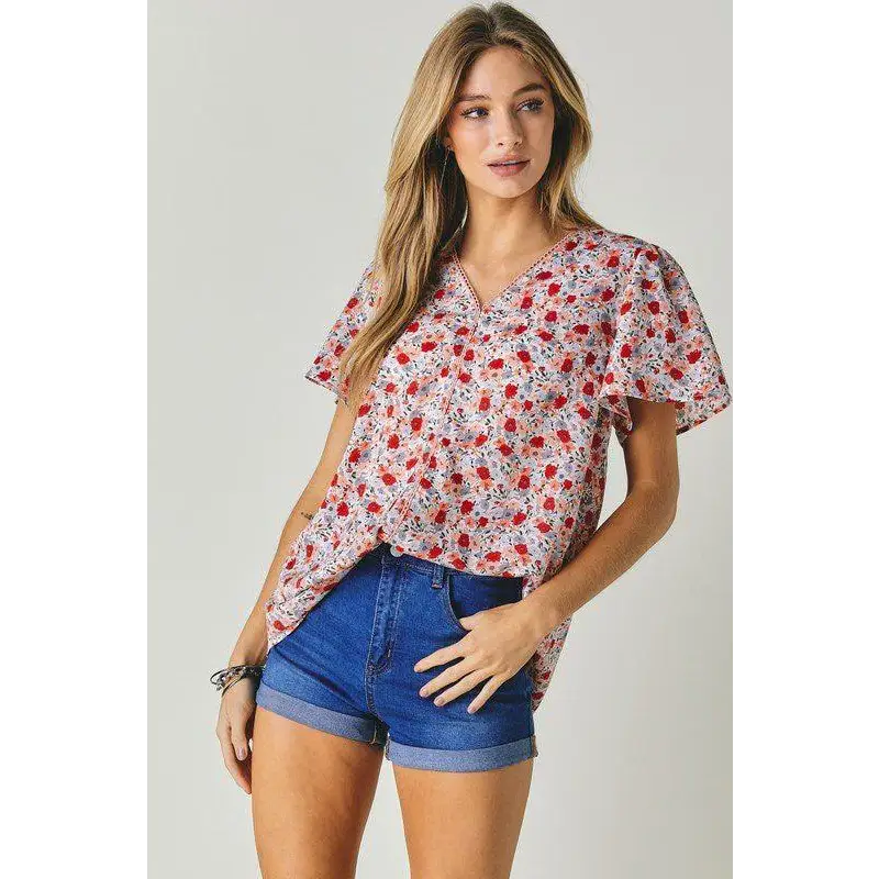 FLORAL PRINTED V NECK SHORT SLEEVE TOP Top