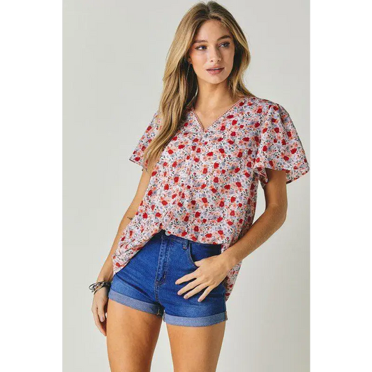 FLORAL PRINTED V NECK SHORT SLEEVE TOP Top