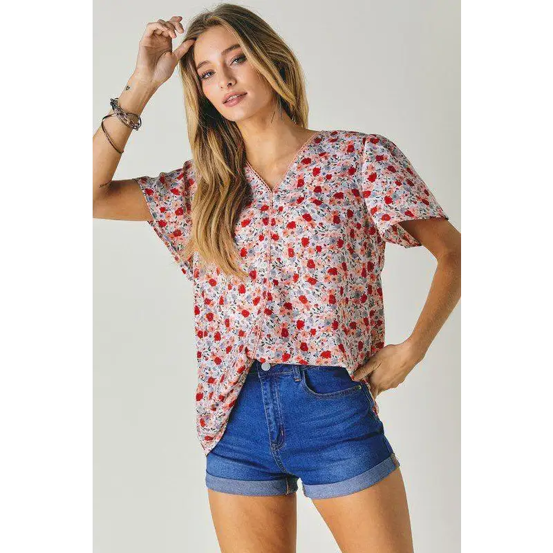 FLORAL PRINTED V NECK SHORT SLEEVE TOP White M Top