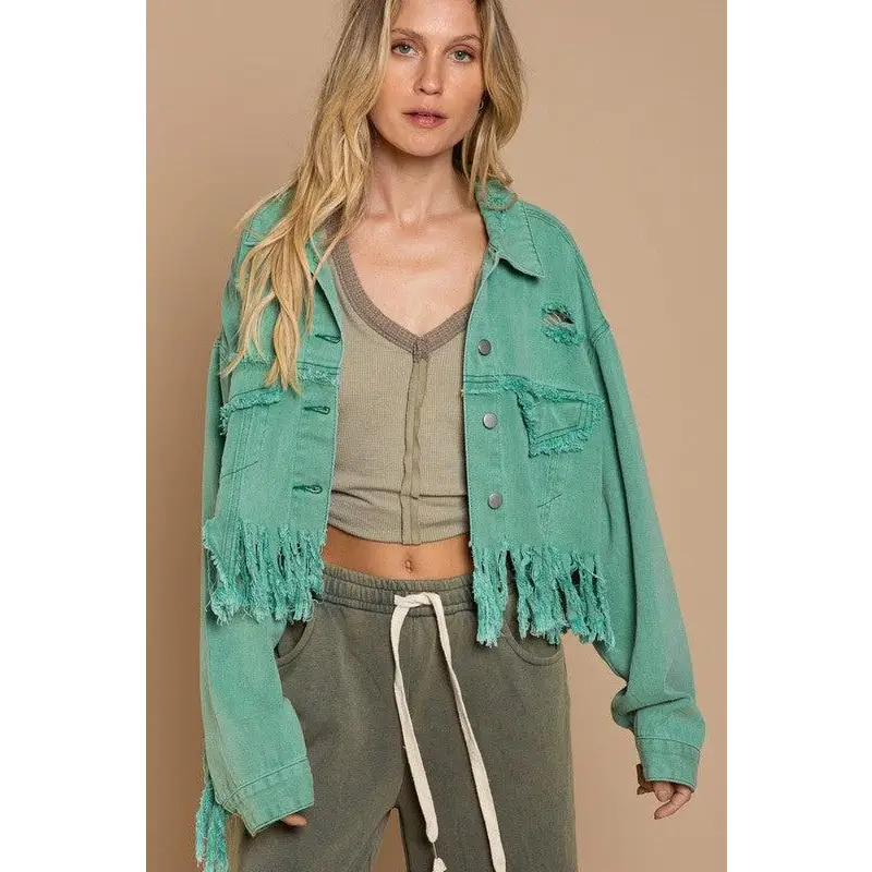 Fringe Distressed Crop Denim Jacket Jacket