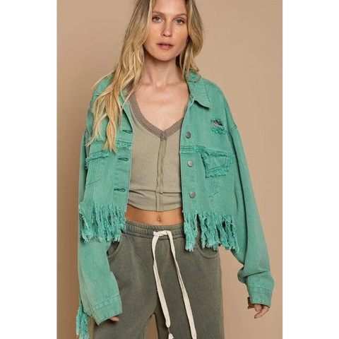 Fringe Distressed Crop Denim Jacket Jacket