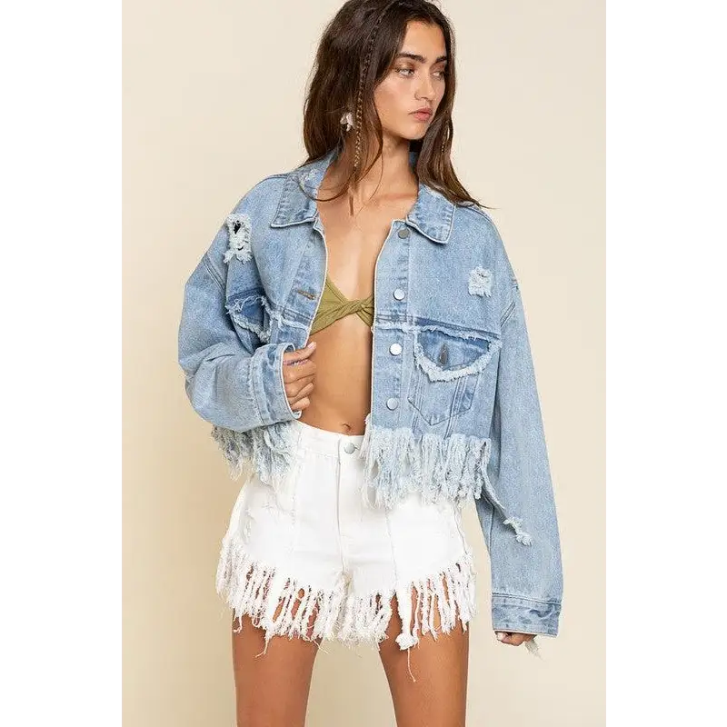 Fringe Distressed Crop Denim Jacket Jacket