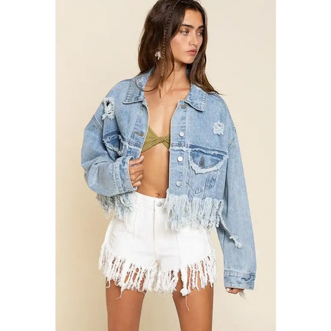 Fringe Distressed Crop Denim Jacket Jacket