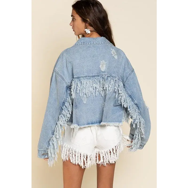 Fringe Distressed Crop Denim Jacket Jacket