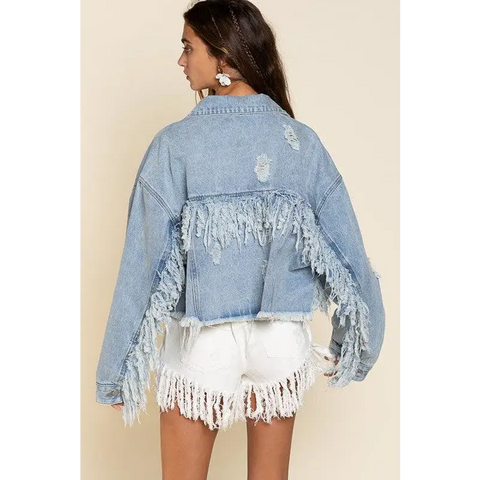 Fringe Distressed Crop Denim Jacket Jacket