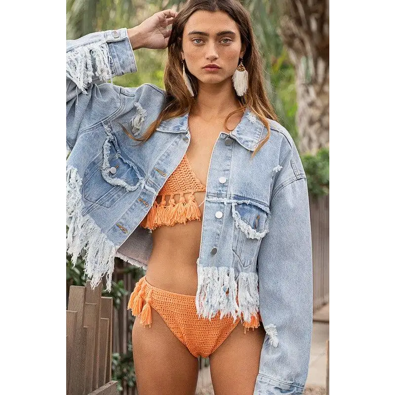 Fringe Distressed Crop Denim Jacket Jacket