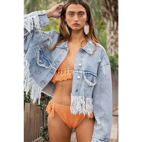 Fringe Distressed Crop Denim Jacket Jacket