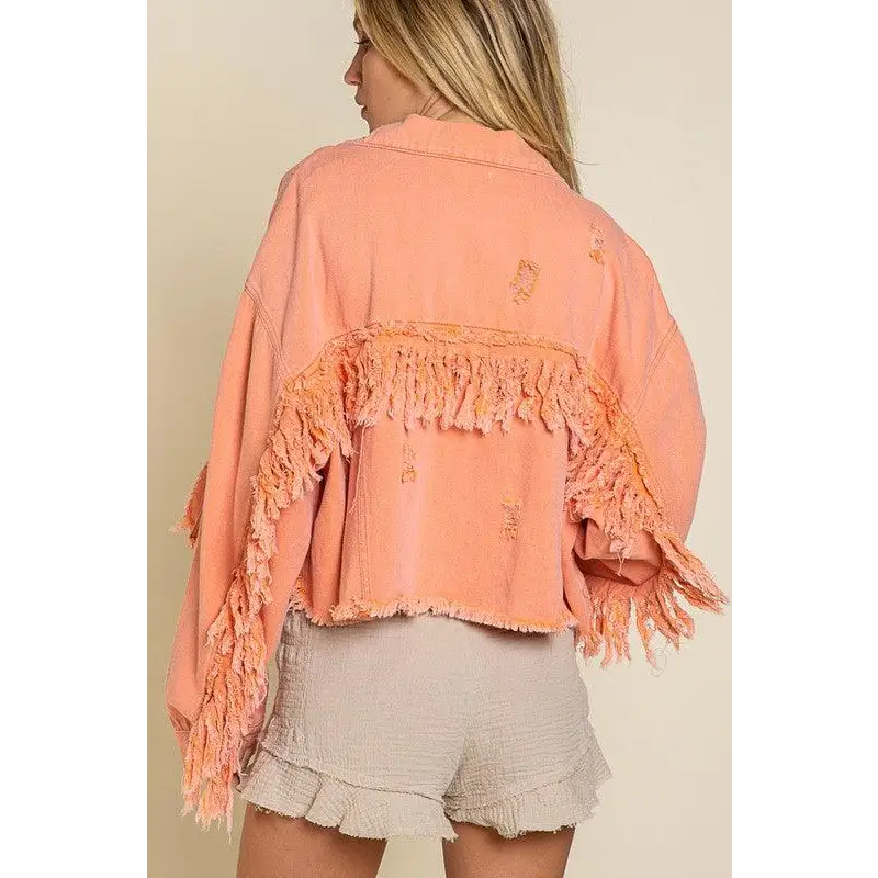 Fringe Distressed Crop Denim Jacket Jacket