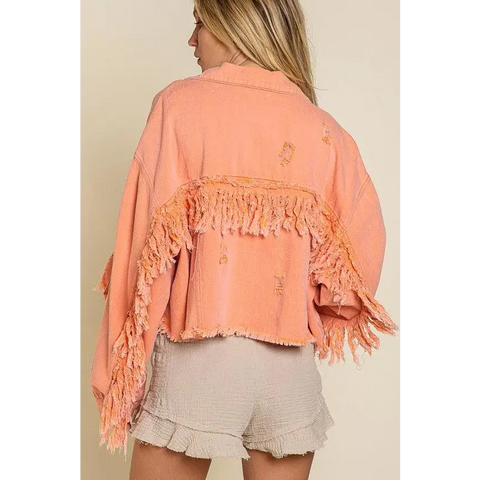 Fringe Distressed Crop Denim Jacket Jacket